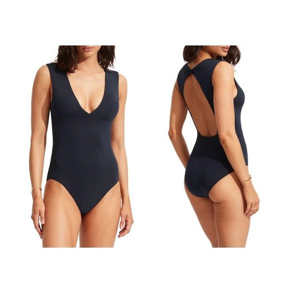 Seafolly Other - Seafolly Cutout Recycled Polyester One-Piece Swimsuit True Navy Size US 12 NWOT
